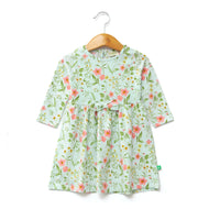 Girls' Mint Green Floral Dress with Pink & Yellow Flower Print