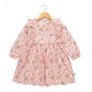 Girls' Pink Floral Ruffle Sleeve Dress with Bird Print