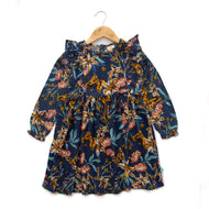 Girls' Navy Blue Floral Ruffle Sleeve Dress with Butterfly Print