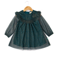 Girls' Teal Glitter Tulle Dress with Ruffle Yoke and Sheer Sleeves