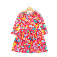 Girls' Colorful Jungle Print Dress with Ruffle Collar