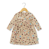 Baby Girls' Beige Wrap-Style Dress with Colorful Mushroom & Leaf Print