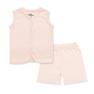 "Baby Sleeveless Cotton Vest & Shorts Set – Pastel Pink Striped"
