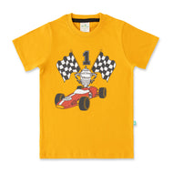 "Boys Yellow Racing Champion T-Shirt - Trophy & Checkered Flag Design"