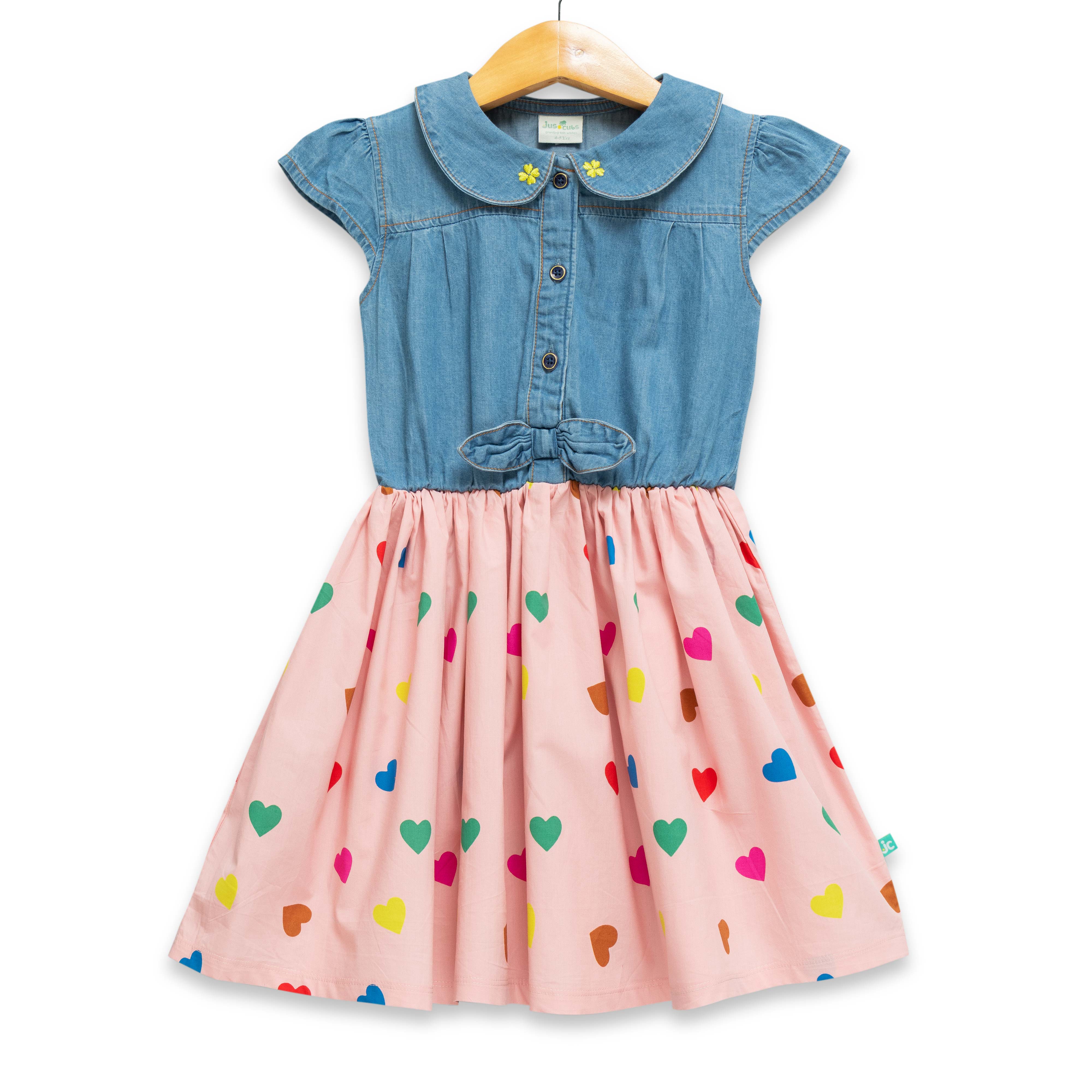 Conversational Printed Peter Pan Collar Cap Sleeves Cotton Denim Fit & Flare Dress
