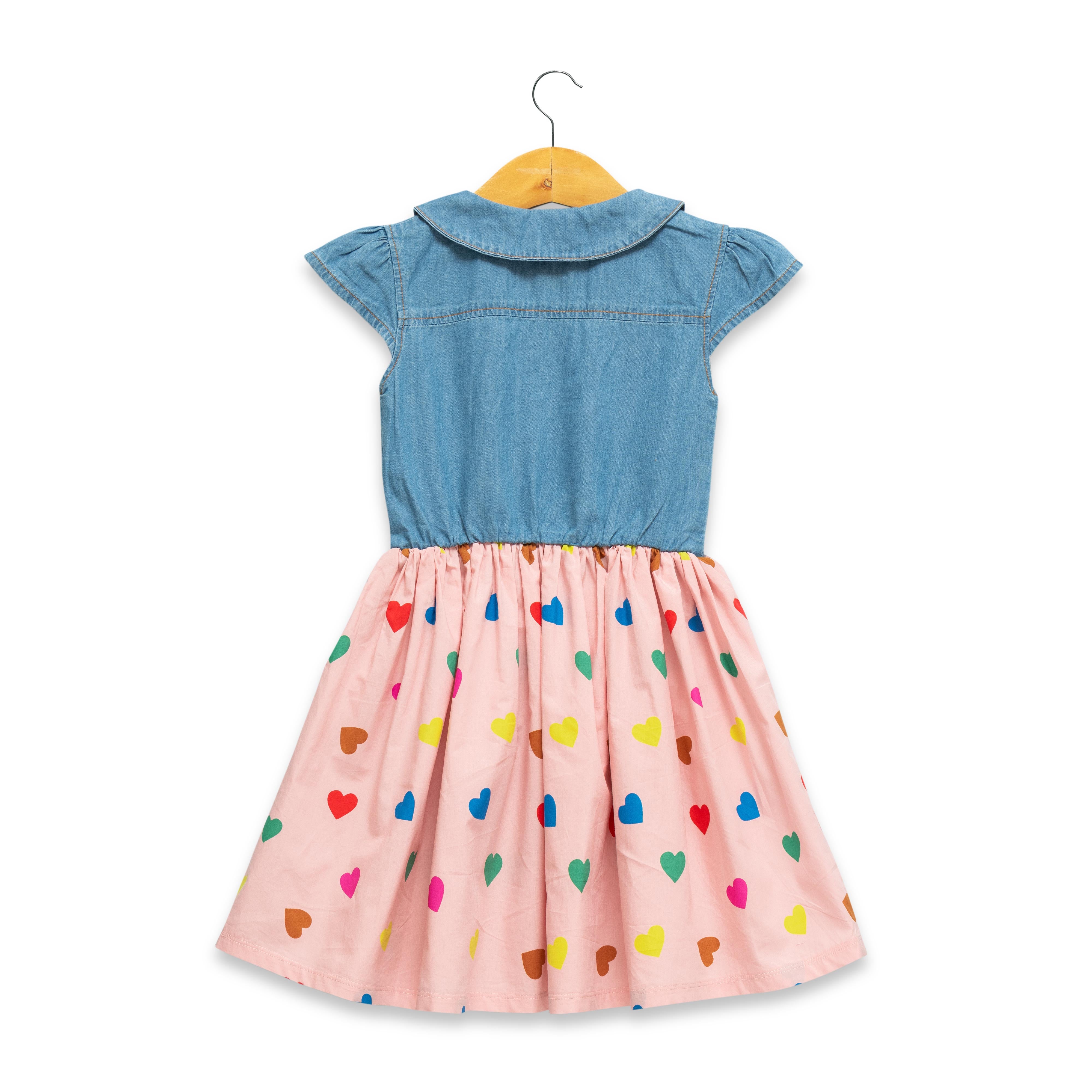Conversational Printed Peter Pan Collar Cap Sleeves Cotton Denim Fit & Flare Dress