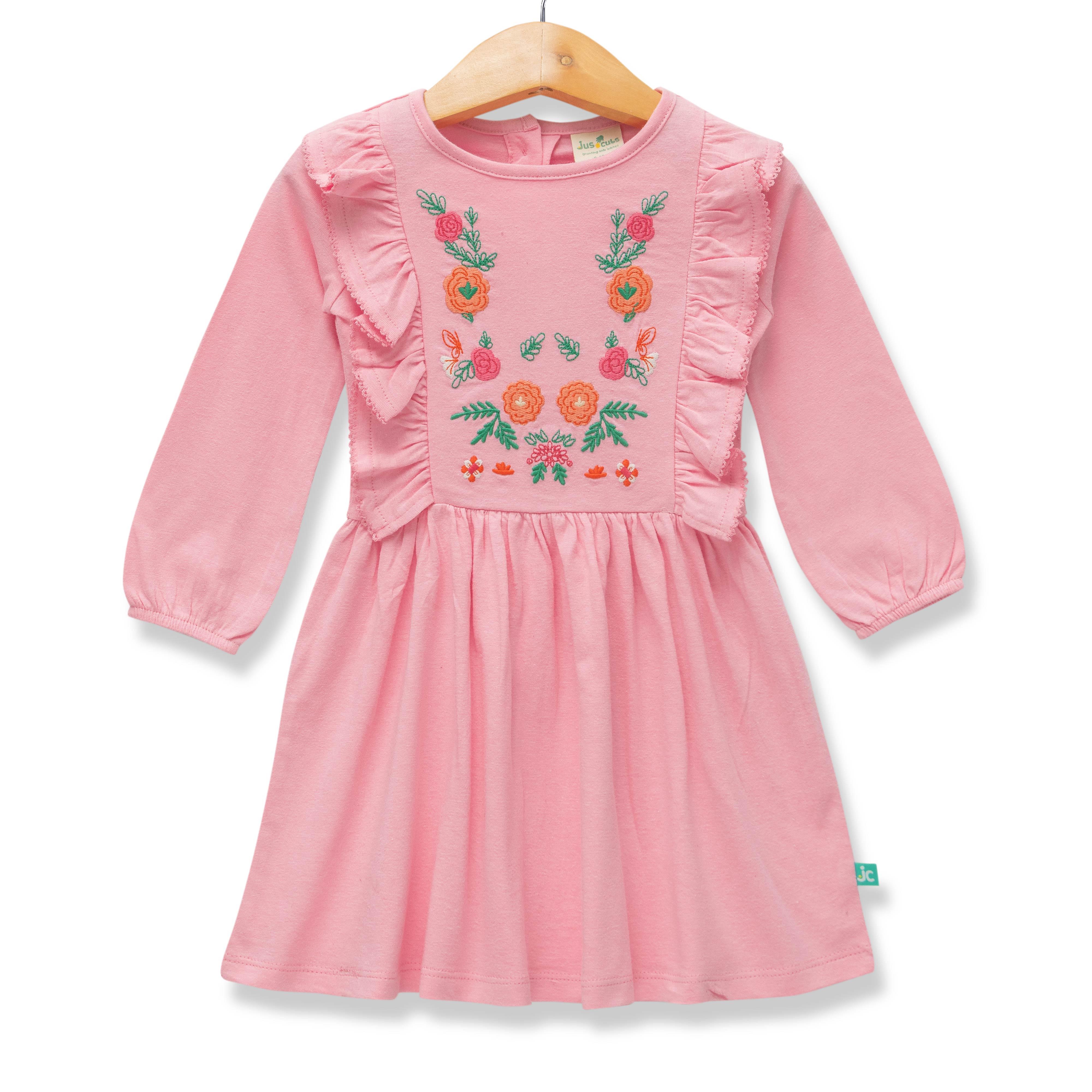 Baby Girls Flowers Embroidery Full Sleeve Fit & Flare Dress - Juscubs