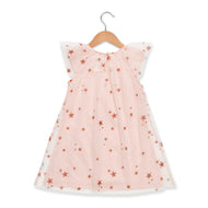 "Girls' Pink Star Mesh Party Dress – Sleeveless A-Line with Sheer Overlay"