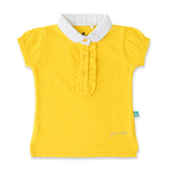 "Baby Girls' Yellow Solid Polo T-Shirt with Ruffled Button Placket , White Collar & Embroidered Logo"