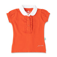 "Baby Girls' Orange Solid Polo T-Shirt with Ruffled Button Placket , White Collar & Embroidered Logo"