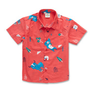 Boys' Coral Red Short Sleeve Button-Up Shirt with Forest Animal Print