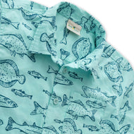 "Boys' Aqua Blue Fish Print Shirt and Navy Shorts Set – Ocean Explorer Summer Outfit"