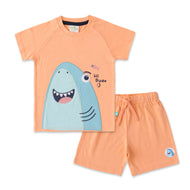 Boys Peach Shark Print T-Shirt & Shorts Set – "Hi Dude" Design