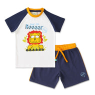 Boys Roaring Lion T-Shirt & Shorts Set – Fun Animal Print (White, Navy & Yellow)