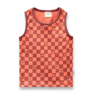 Baby Boys Sleeveless Orange T-shirt – Rust Checkered Print with Pocket Detail