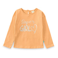 "Girls Peach 'Super Girl' Printed Cotton Full Sleeve T-Shirt"