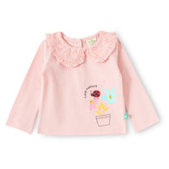"Baby Girls Pink Cotton Top with Embroidered Peter Pan Collar & Nature Print"