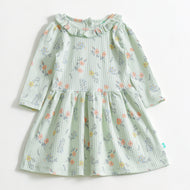 "Baby Girls Mint Green Floral Printed Rib Knit Dress – Long Sleeve"