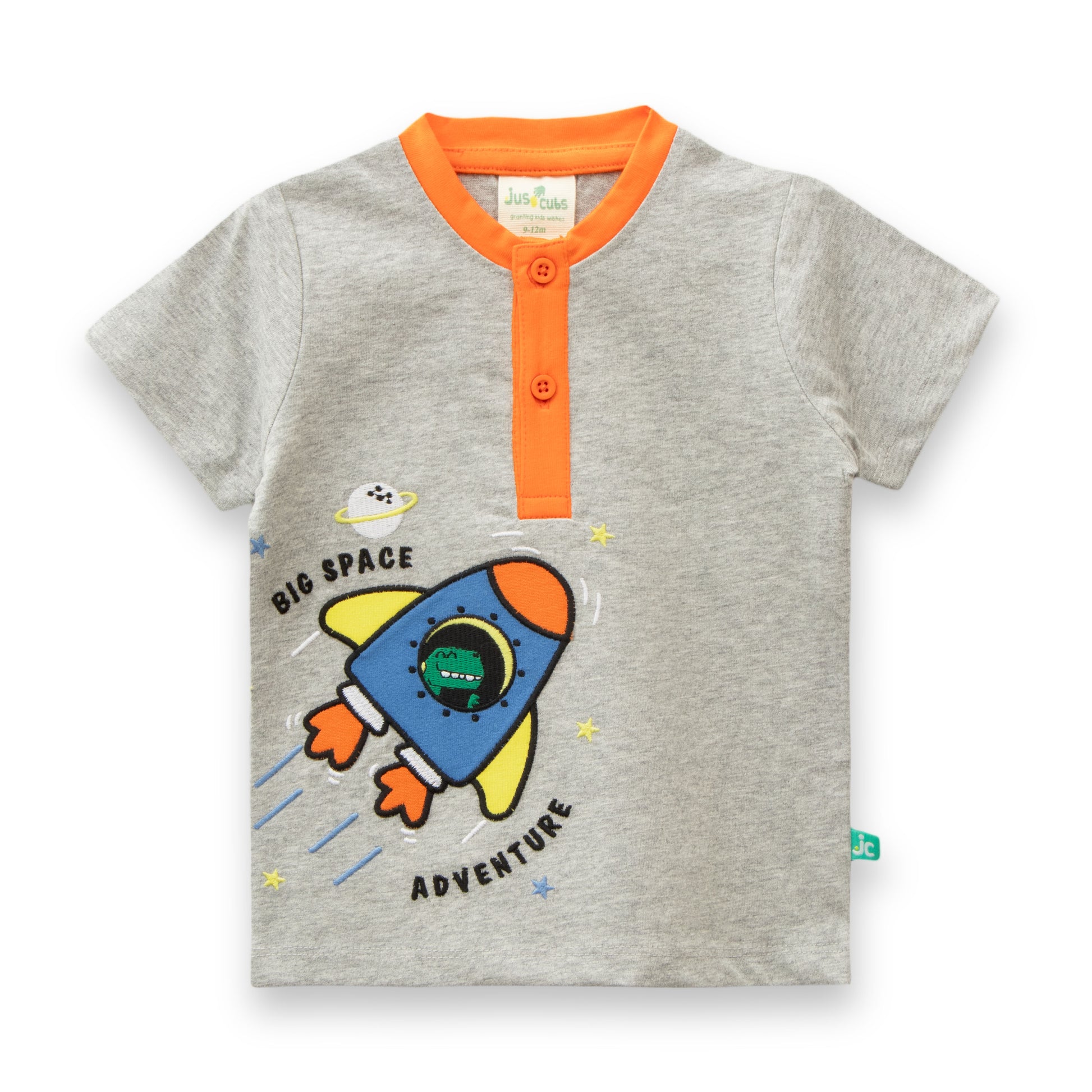 Baby Boy 2-Piece Outfit – Space Adventure Grey T-Shirt & Orange Jogger Pants Set