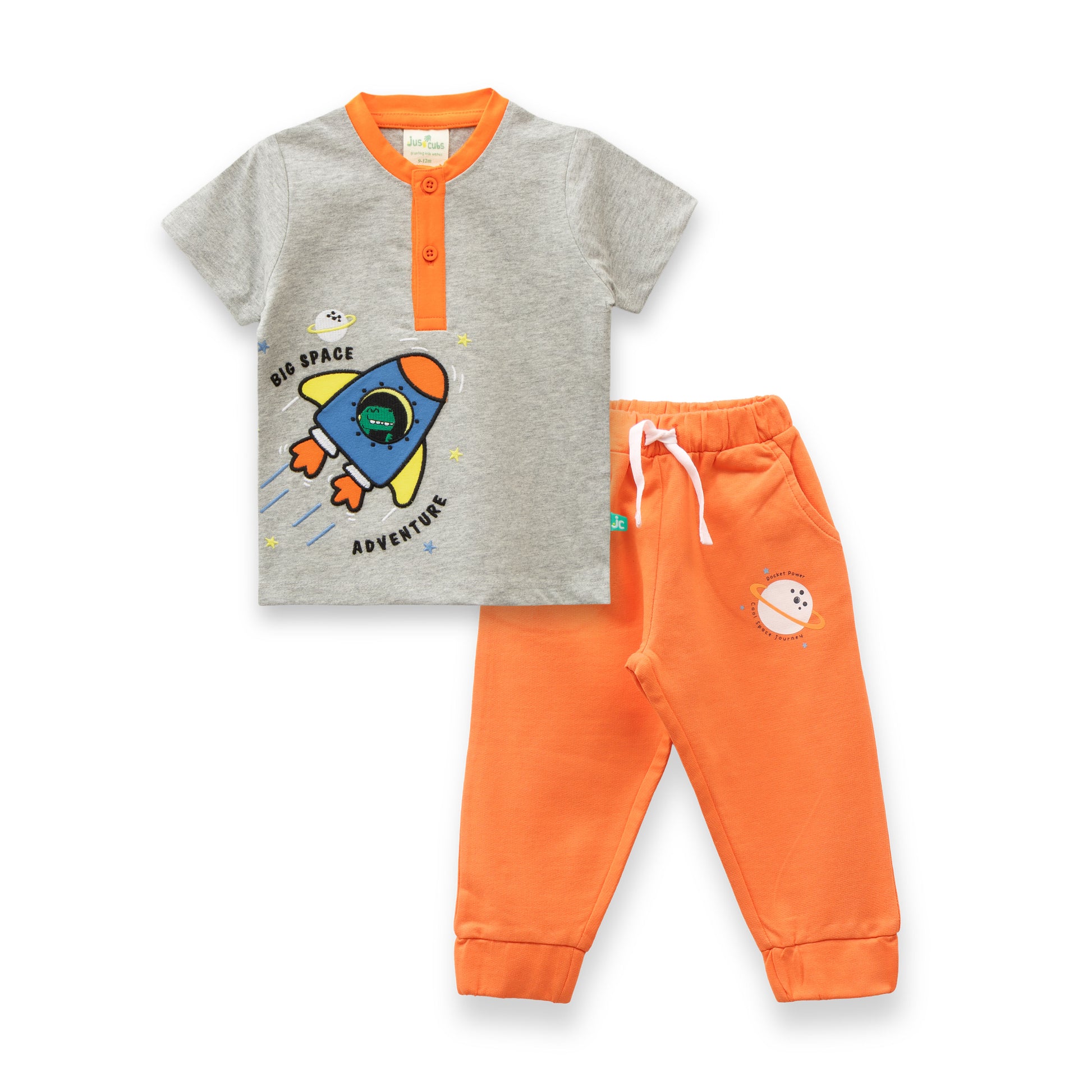 Baby Boy 2-Piece Outfit – Space Adventure Grey T-Shirt & Orange Jogger Pants Set