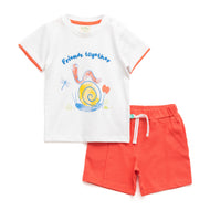 Baby Boy “Friends Together” Graphic T-Shirt and Orange Shorts Set – White & Coral