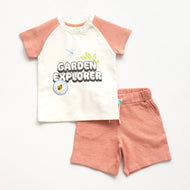 Baby Boys "Garden Explorer" T-Shirt & Shorts Set – Cotton Blend, Peach & White