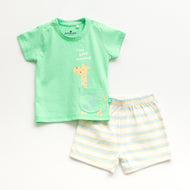 "Baby Boys Green Giraffe Print T-Shirt & Striped Shorts Set – 100% Cotton"