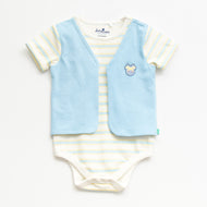 "Baby Boys Striped Bodysuit with Blue Vest Overlay – 100% Cotton"