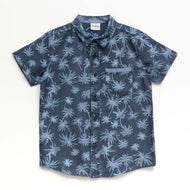 "Boys Navy Blue Palm Print Shirt – Short Sleeves, Casual Beachwear"