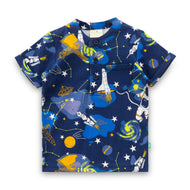 "Boys Navy Blue Space Print Cotton Henley T-Shirt – Half Sleeves"
