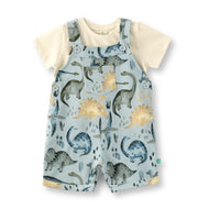 “Baby Boys Cotton Dungaree with Inner T-Shirt – Blue Dinosaur Print”