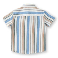 "Boys Cotton Shirt – Blue & Brown Multicolor Stripes with Pocket"