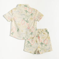 “Baby Boys Cream Dinosaur Print Cotton Shirt & Shorts Co-Ord Set – Soft, Breathable Summer Wear Outfit"
