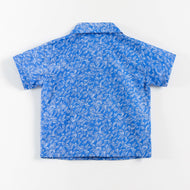 "Boys Blue Cotton Shirt with Allover Leaf Print – Half Sleeve Casual Wear"