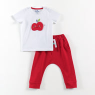 “Baby Boys Cotton T-Shirt & Jogger Pants Set | Cute Apple Appliqué Design"