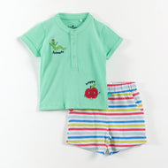 “Baby Boys Cotton Clothing Set – Green Henley T-shirt & Multi-Stripe Shorts"