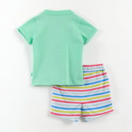 “Baby Boys Cotton Clothing Set – Green Henley T-shirt & Multi-Stripe Shorts"