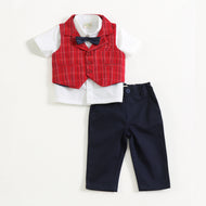 "Baby Boys Smart Party Outfit – Red Checks Waistcoat with White Shirt"