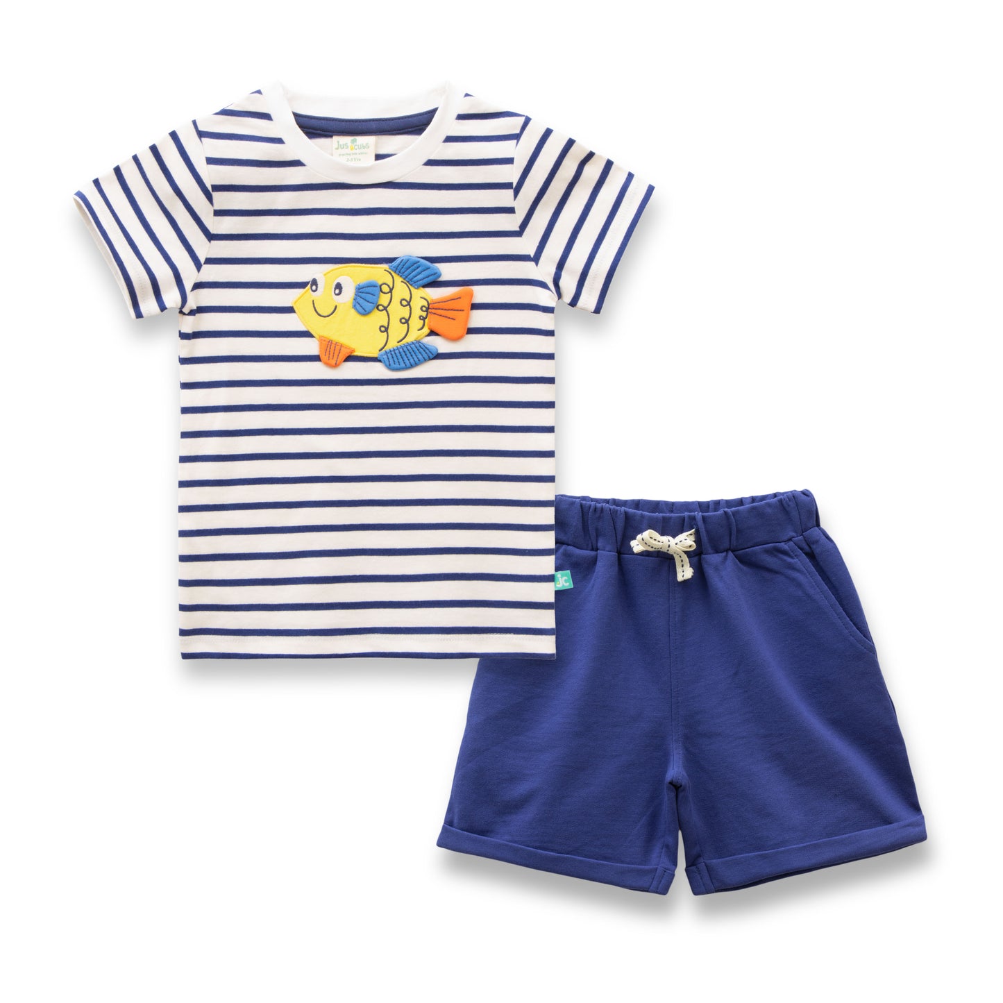 "Baby Boys' Summer Outfit Set – Striped Fish T-Shirt & Navy Drawstring Shorts"