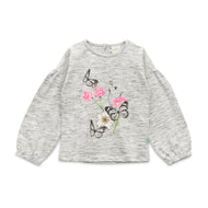 Girls Cotton Full Sleeve Round Neck T-shirt – Grey with Pink Flowers and Butterflies