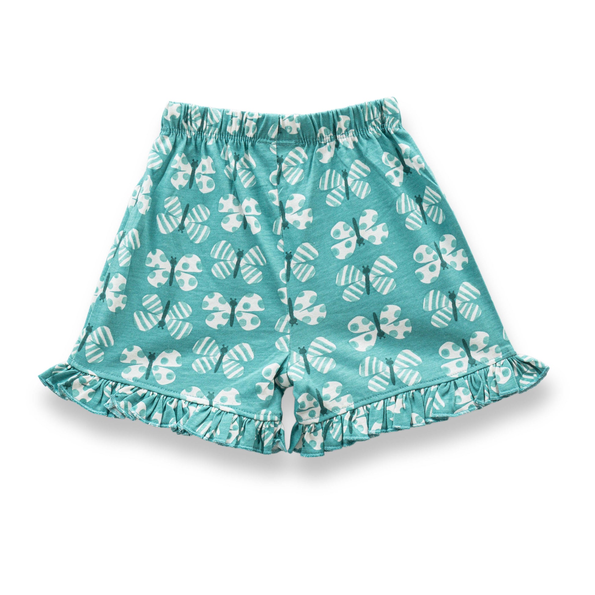 "Baby Girls' Cotton Co-Ord Set – Printed Ruffle Sleeve Top & Shorts (Teal)"