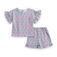 Baby Girls' Floral Ruffle Sleeve Top & Shorts Set – Pink & Green Bow Print