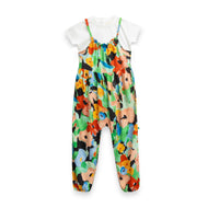 Baby Girls' Floral Printed Dungaree with White Tee – Multicolor Sleeveless Layered Set