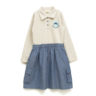 Girls' Polo Collar Dress with Chambray Skirt – "Gratitude is My Attitude" Print, Long Sleeves