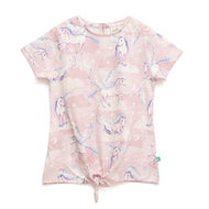 Girls' Pink Tie-Front T-Shirt – All-Over Pegasus & Cloud Print, Short Sleeves