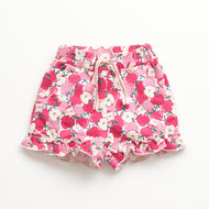 "Girls Pink Apple Print Ruffle Shorts – Soft Cotton with Drawstring Waist"