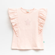"Girls Light Pink Frill Sleeve Top – Star Patch Embellishment | Soft Cotton Crinkled Tee"