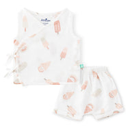 "Baby Girls Ice Cream Print Cotton Angrakha Set – White Sleeveless Top & Shorts"