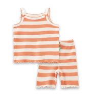 "Baby Girls' Orange & White Striped Ribbed Cotton Sleeveless Camisole and Shorts Set"