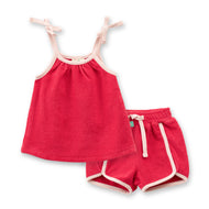 "Baby Girls' Red Terry Cotton Camisole and Shorts Set with Contrast Trim"